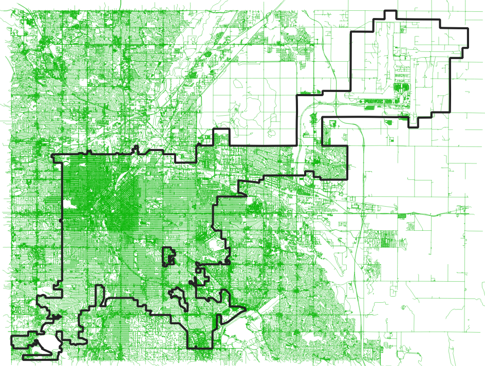 Screenshot from QGIS showing Denver County as a thick black line with all roads returned from the bounding box (&&) query.