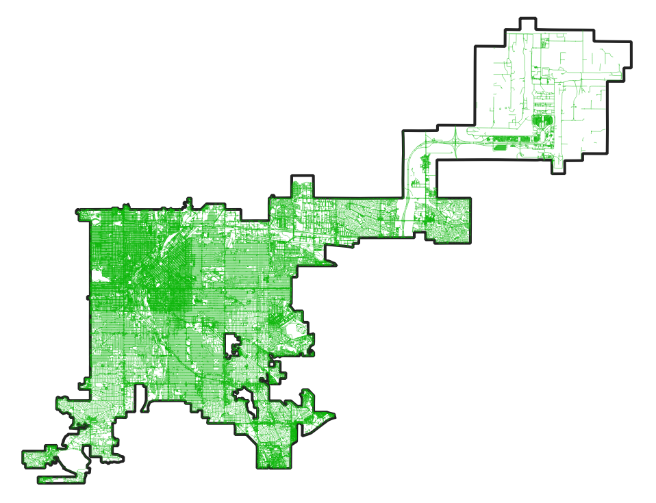 Screenshot from QGIS showing Denver County as a thick black line with all roads returned from the ST_Contains query.