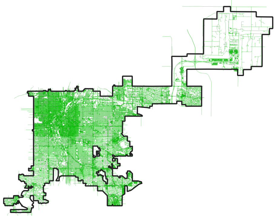 Screenshot from QGIS showing Denver County as a thick black line with all roads returned from the ST_Intersects query.