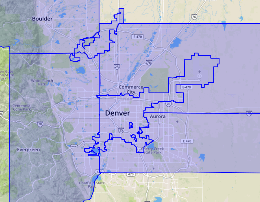 Screenshot from DBeaver spatial viewer showing the six (6) county polygons selected by the previous query for inserting into the osm_denver.county table.